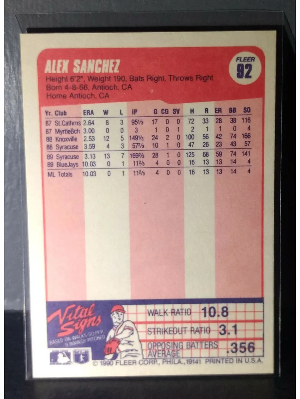 1990 Alex Sanchez Fleer Baseball Card #92